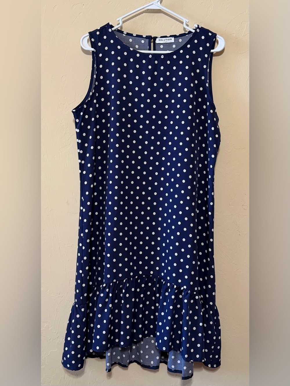 Solution Navy Polka Dot Midi Dress with Ruffle Hem